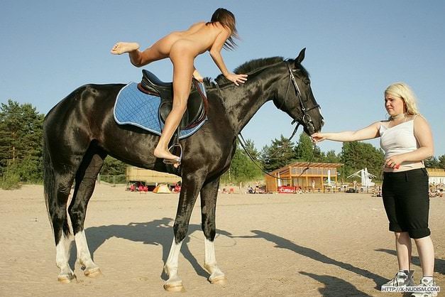 Young nudists girls ride on horseback Pirenudism photo [Naturism Archiv]